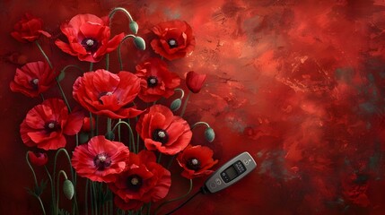 Surreal Poppy Field with Glucometer Amidst Symbolic Imagery
