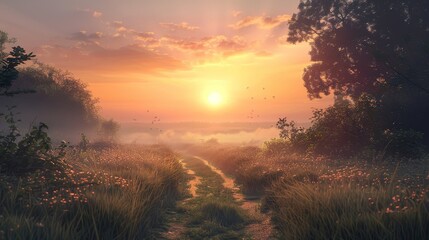 Fototapeta premium Serene Sunrise Over a Misty Meadow Path with Lush Greenery and Vibrant Wildflowers Under a Golden Sky
