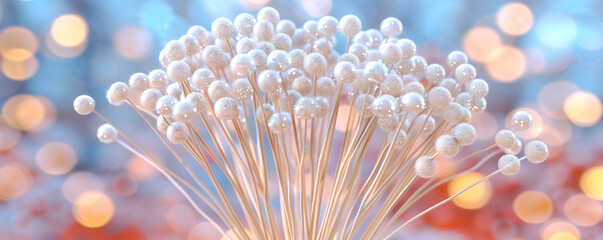 A bunch of white beads are arranged in a cluster. The beads are all different sizes and are scattered throughout the image. Scene is calm and serene, as the beads seem to be floating in the air