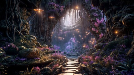 Fantastic place of a fairy forest with a path of ancient stones