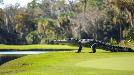 An alligator walks on a golf course green with a pond in the background.