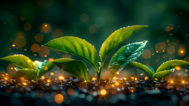 A small green plant is surrounded by a dark background. The plant is surrounded by a bright light, which creates a sense of warmth and life. The image conveys a feeling of growth and vitality