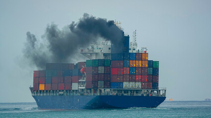 Smoke exhaust gas emissions carbon dioxide from cargo lagre ship container ship,Marine diesel...
