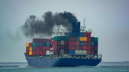 Smoke exhaust gas emissions carbon dioxide from cargo lagre ship container ship,Marine diesel...