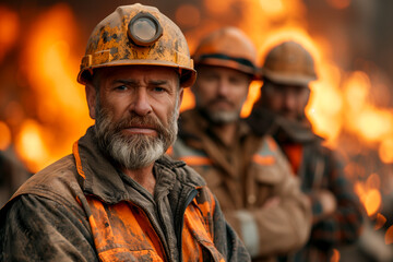 Obraz premium Three men in orange safety vests stand in front of a fire. The man in the middle has a beard and a mustache
