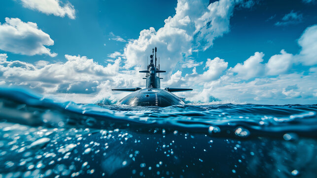 Submarine in the middle of the sea, the details of the ship are clearly visible with the sparkling water surface around it, the background is blue sky and white clouds, Ai generated Images