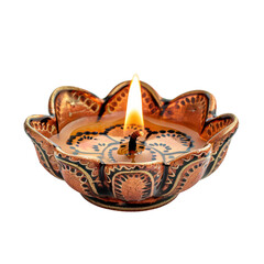 Obraz premium Beautifully decorated clay oil lamp with a burning flame, perfect for celebrations and festive occasions. Brighten up any space with its warm glow. transparent backgrounds