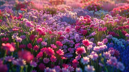 Obraz premium In the beautiful summer field, natural green plants bloom, creating a fresh backdrop of blossoming flowers and lush grass, embodying the essence of nature's springtime beauty.