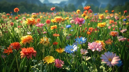 Obraz premium In the beautiful summer field, natural green plants bloom, creating a fresh backdrop of blossoming flowers and lush grass, embodying the essence of nature's springtime beauty.