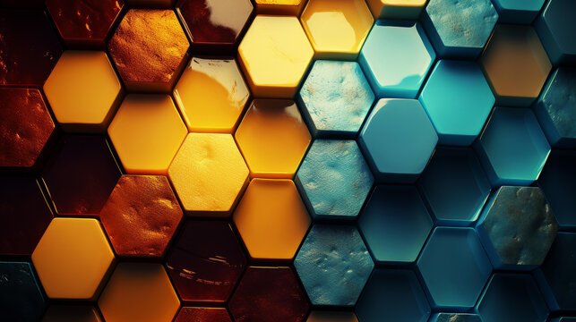 Stunning hexagon design with intricate details and organic shapes, featuring textured surfaces and high resolution.