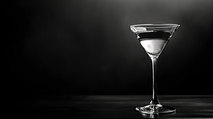A high-contrast black and white photograph of a martini glass, emphasizing the drink's sophisticated appeal, black and white photo, National Martini Day, with copy space