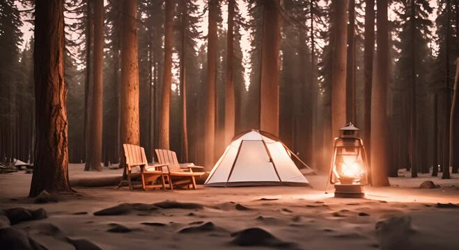 Camping tent under a pine tree with a roaring campfire