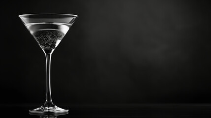 A high-contrast black and white photograph of a martini glass, emphasizing the drink's sophisticated appeal, black and white photo, National Martini Day, with copy space