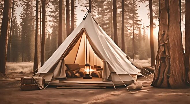 Camping tent under a pine tree with a roaring campfire