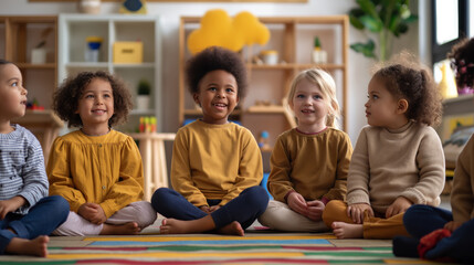 Diverse group of young children sit together in classroom.