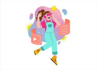 Metaverse Concept Illustration. Woman are Having Fun Exploring The Metaverse Illustration.