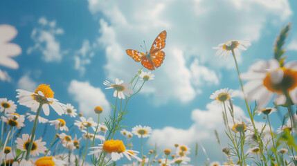 meadow with flowers and butterfly 