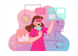 Metaverse Concept Illustration. Women Accessing The Metaverse Program Illustration.