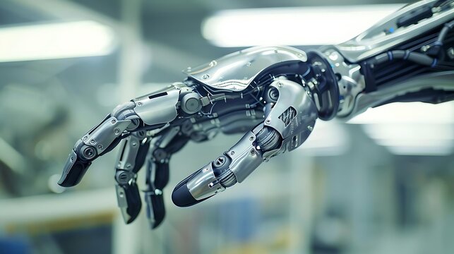 a robot arm holding a black and silver gun, with a white light in the background