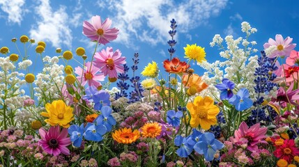 In the beautiful summer field, natural green plants bloom, creating a fresh backdrop of blossoming flowers and lush grass, embodying the essence of nature's springtime beauty.