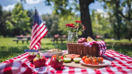 Outdoor patriotic picnic with American elements - A beautifully curated picnic spread featuring an American flag and various picnic items on a checkered blanket