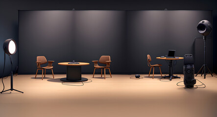Two chairs and microphones in a podcast or interview room setup isolated on dark background, media conversations or podcasters concepts with copy space
