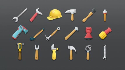 Obraz premium Collection of construction tool icons: hammer, saw, wrench, screwdriver, in transparent PNG format.