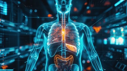 A human sternum isolated with a 3D hologram, representing a medical concept using new technology.