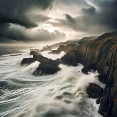 Fototapeta premium Dramatic photo of a storm brewing over a rugged coastline with crashing waves