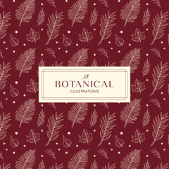 Summer Tropical Leaves Maroon Cream Hand drawn mono-line floral botanical flower background design