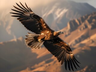 Obraz premium Majestic Eagle Soaring High Above Rugged Mountainous Landscape