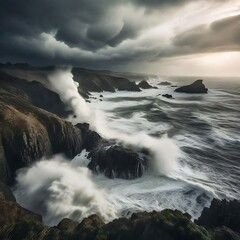Obraz premium Dramatic photo of a storm brewing over a rugged coastline with crashing waves