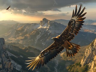 Fototapeta premium Majestic D Rendered Eagle Soaring Above Rugged Mountainous Landscape