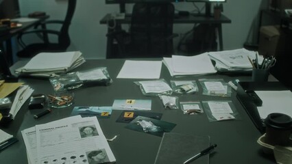Close-up no people shot of table with criminal profile bulletins, homicide scene photos, evidence envelopes, clues in plastic bags, ashtray, cigarettes, in situation room at busy police department