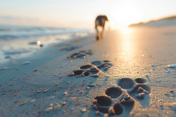 Closeup of dog paw prints on the sand, with a distant view of an open sea and the silhouette of...