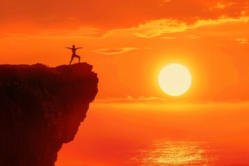 A person practicing yoga on a cliff edge, their body a silhouette against the fiery hues of a setting sun generated by AI