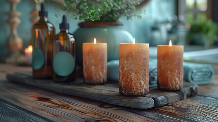 Aromatherapy candles and oils on rustic table. Rustic table adorned with aromatic candles and essential oil bottles, creating a relaxing spa ambiance with greenery in the background.