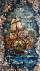 Fototapeta premium A compass painted onto the cracked hull of a ship generated by AI