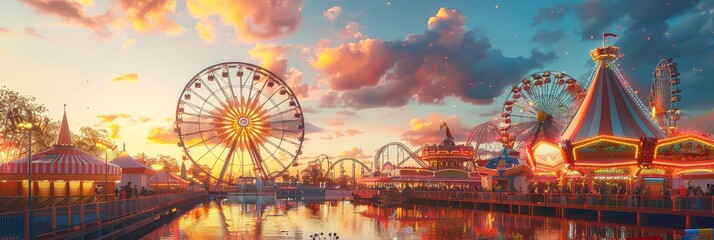 Theme park during golden hour with water reflection - Idyllic theme park landscape featuring ferris wheels, vibrant rides, and water reflections in the warm light of the golden hour