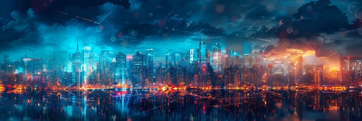 Fototapeta premium Dramatic urban skyline with vivid colors - A city skyline at dusk with brilliant colors reflecting off skyscrapers and water for a dynamic scene