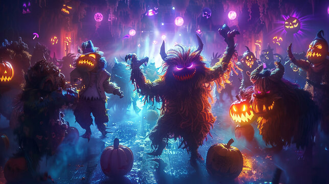 An energetic monster mash party with eerie lights and various monsters dancing