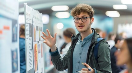 Student discussing academic poster content - Engaged student in glasses explains content of his academic poster to peers, reflecting an educational environment and collaboration