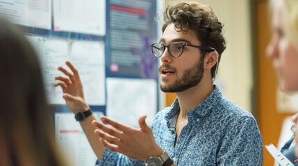 Young academic explaining research findings - A focused young academic in glasses passionately explains his research findings, using an academic poster as visual aid