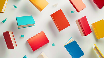 Colorful books float in the air among confetti on a light background.