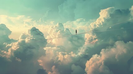 A tightrope walker balancing on a wire strung between two clouds, their feet barely touching the ethereal surface generated by AI
