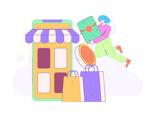 Holiday shopping people doing e-commerce online shopping flat vector concept operation hand drawn illustration
