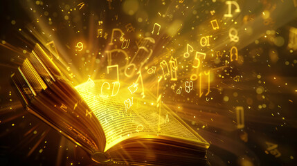 Open ornate golden book with glowing numbers and smoke on dark surface with smoke rising from pages. Swirling, glimmering ancient numerological symbols, runes and digits. Mystical arcane knowledge.