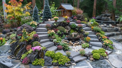 Obraz premium The beautiful summer garden at home boasts a stunning design with lush green trees, vibrant flowers, and a backdrop of nature bathed in sunlight during the spring, creating an enchanting outdoor space