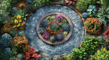 The beautiful summer garden at home boasts a stunning design with lush green trees, vibrant flowers, and a backdrop of nature bathed in sunlight during the spring, creating an enchanting outdoor space