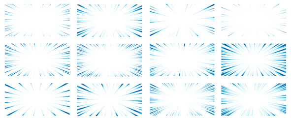 青色のグラデーションの集中線セット